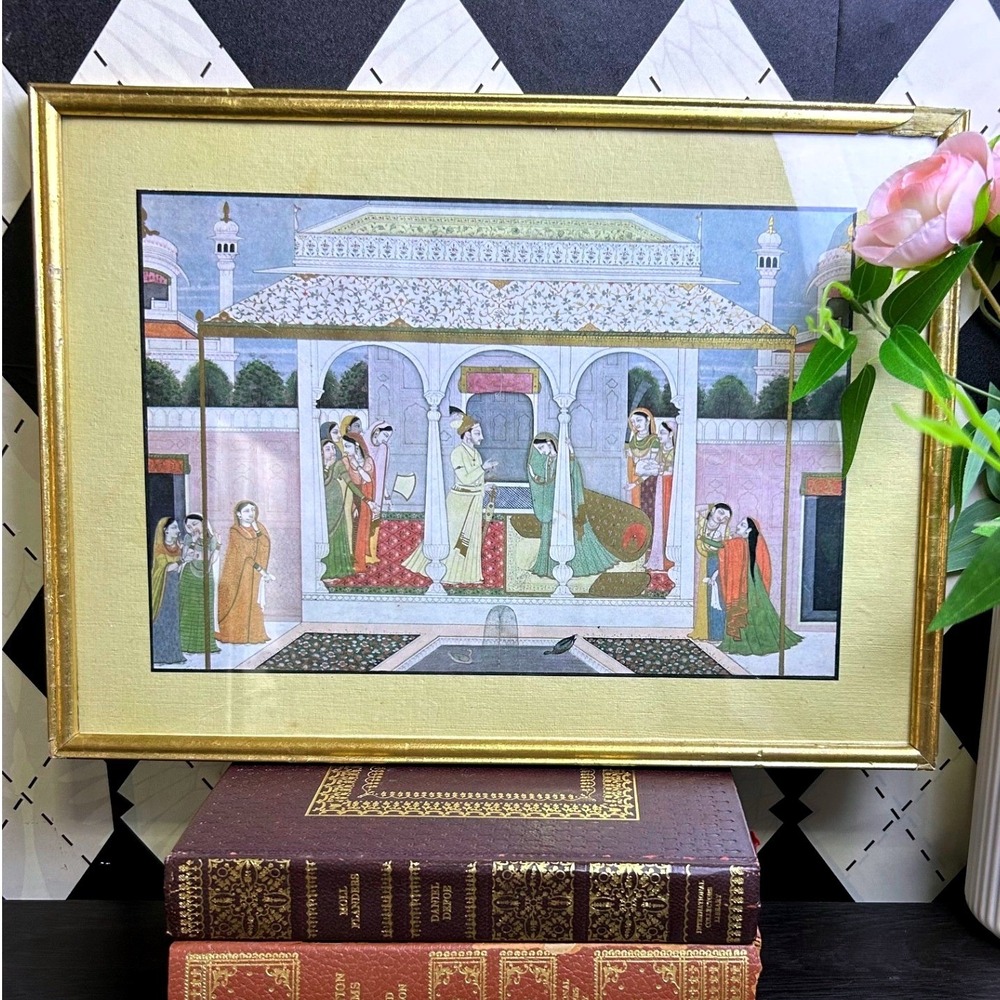 Vintage Framed Indian Nala and Damayanti Mahabharata Print Palace Scene Wall Art